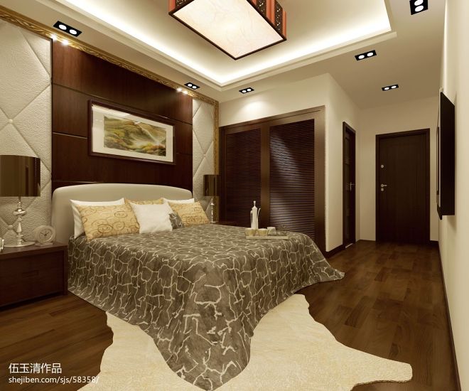中式风格卧室实木背景墙装修效果图