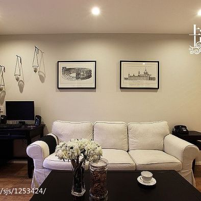 恬静美式客厅沙发背景墙手绘装修效果图