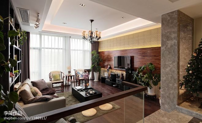 新中式错层客厅木饰面电视背景墙装修效果图