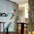 《荷香》—中式餐厅手绘背景墙装修设计效果图