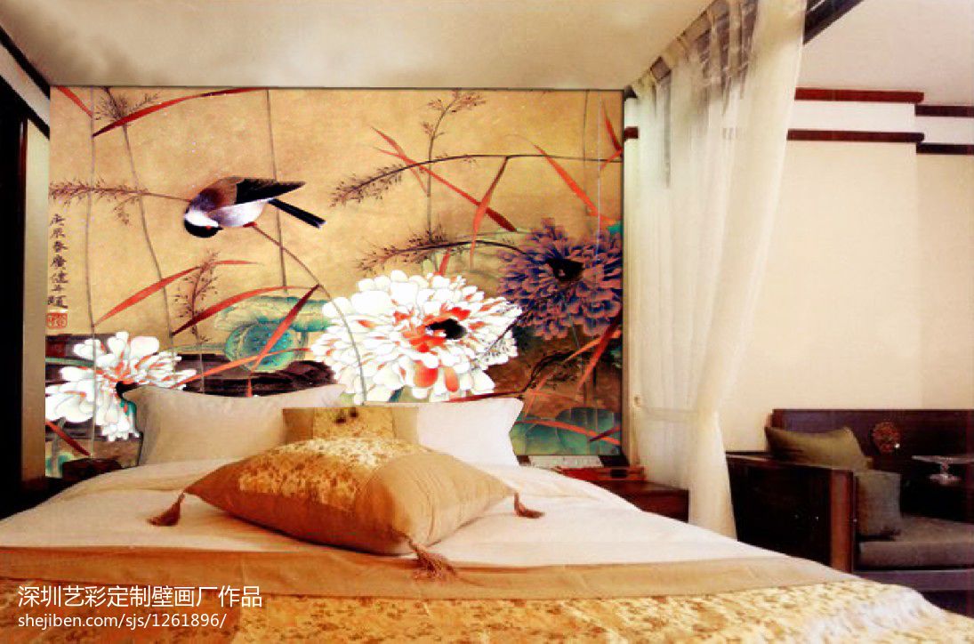 中式卧室背景墙体彩绘图案