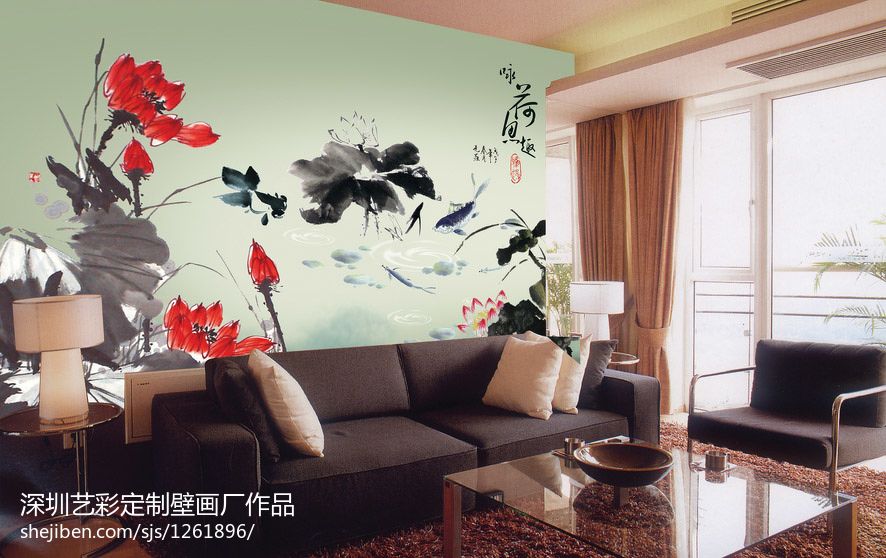 中式客厅背景墙体彩绘图片库