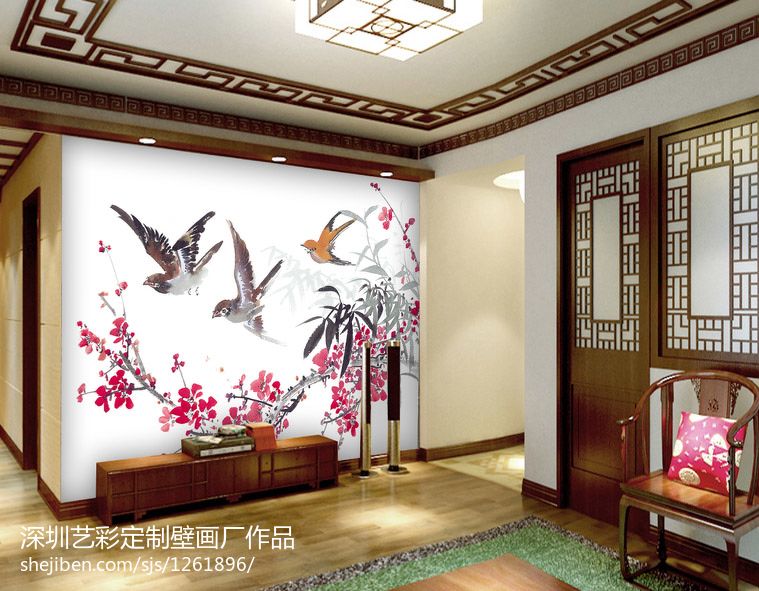 中式客厅电视背景墙体彩绘图案欣赏
