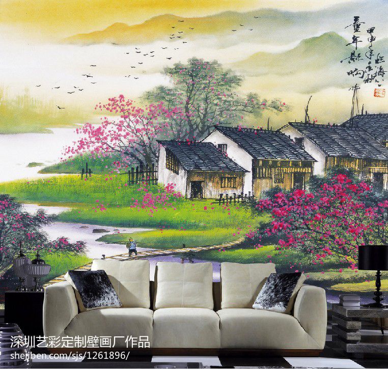 中式乡村风背景墙体彩绘图案设计
