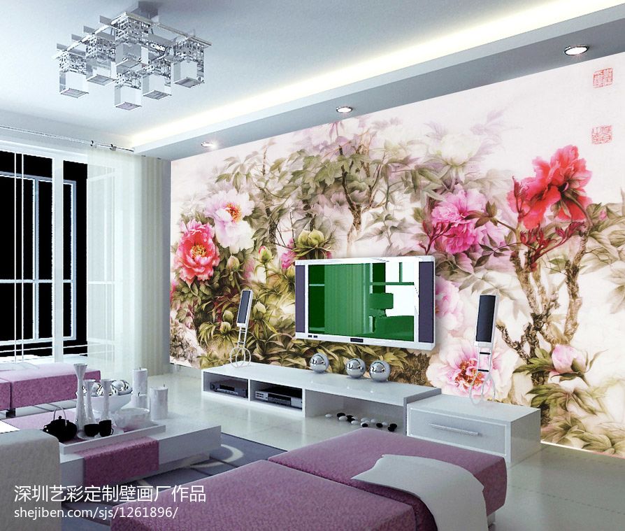 中式客厅背景墙墙绘图案设计