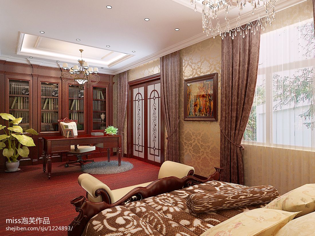 160平米中式风格卧室床布局效果图- 中国风