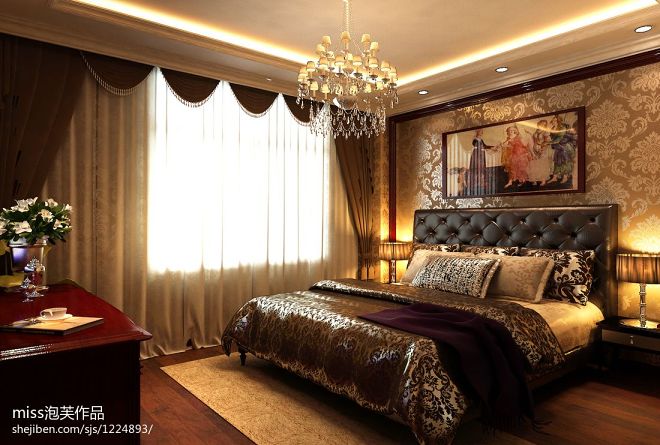 欧式套间卧室窗帘壁纸装修设计效果图