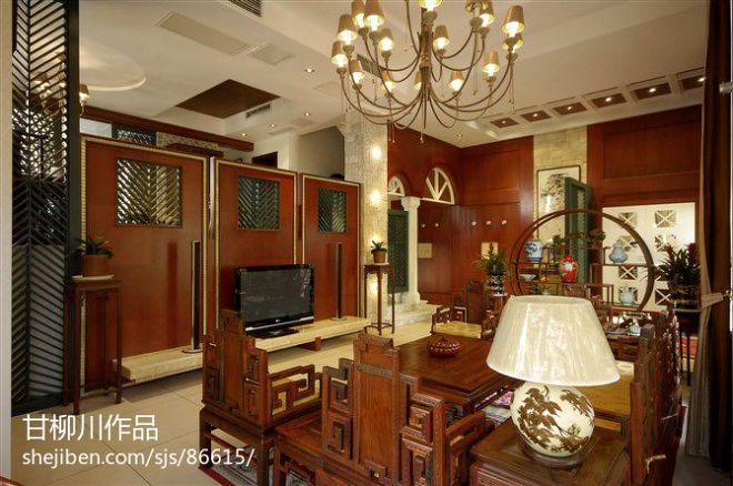 中式风格古典客厅电视墙装修效果图