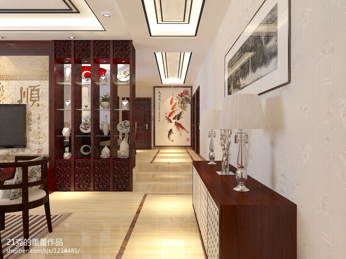 新中式风格餐厅博古架隔断效果图-房天下装修效果图