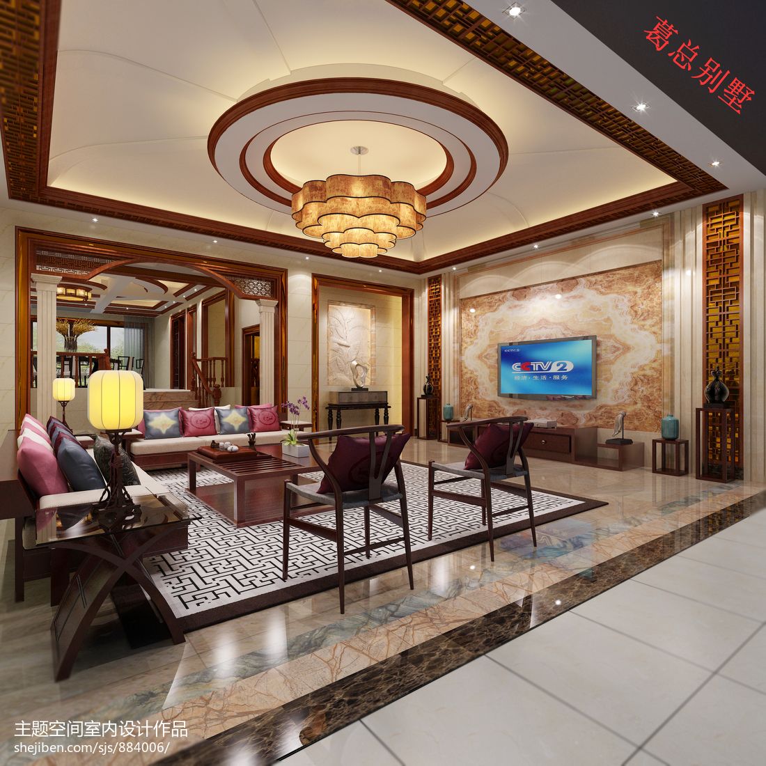 中式风格别墅奢华客厅电视墙装修效果图