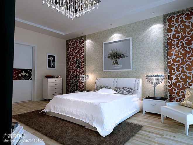 别墅设计现代卧室床头背景墙装修效果图