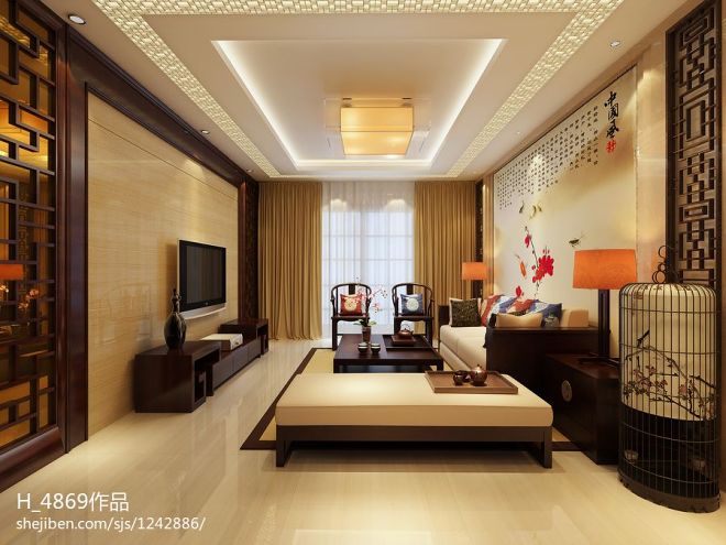 惠阳私人别墅中式客厅装修设计效果图