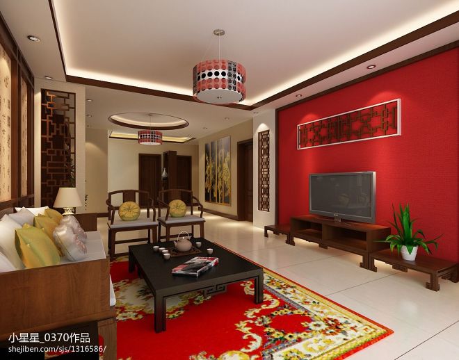 中式风格红色电视墙装修设计效果图