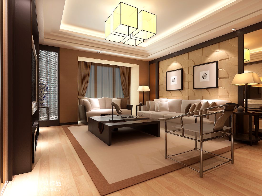中式简约沙发大理石背景墙客厅装修效果图- 中国风