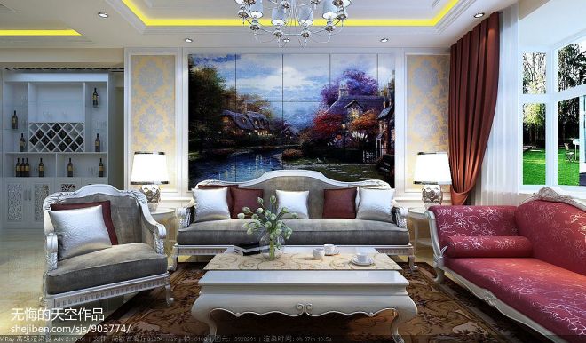 欧式客厅沙发壁画背景墙设计效果图