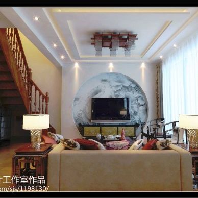 中式风格客厅圆形电视墙装修效果图