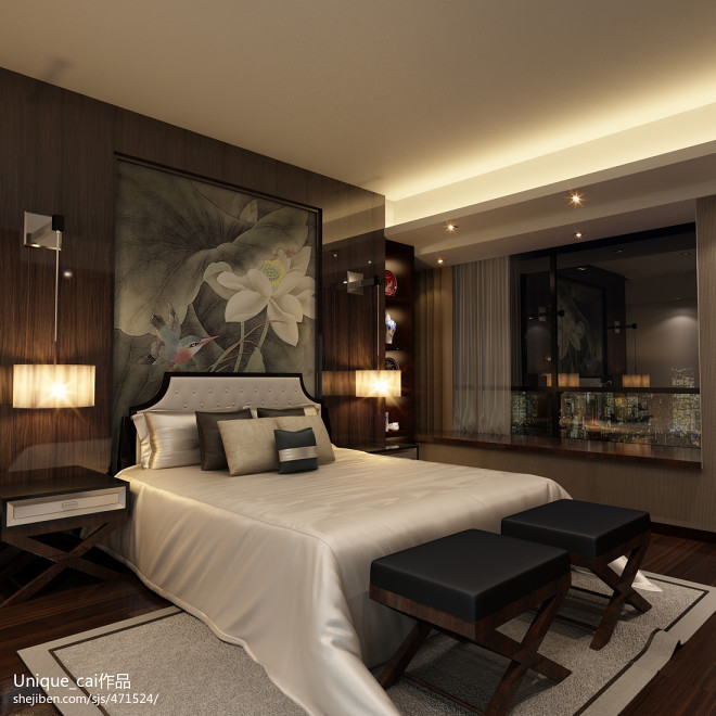 新中式风格古典卧室床头背景墙装修设计