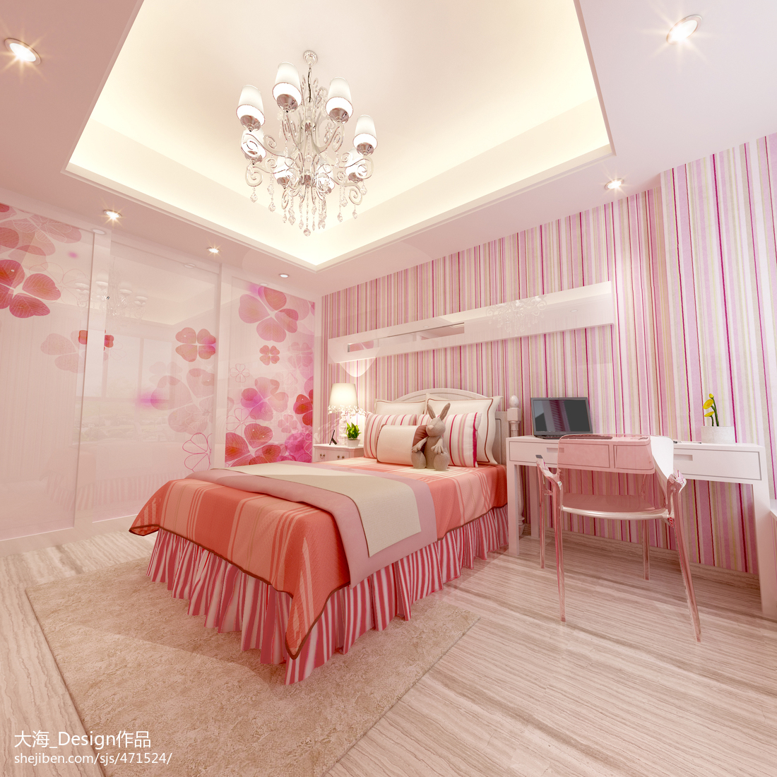 三居室粉色梦幻少女风格儿童房-房天下装修效果图
