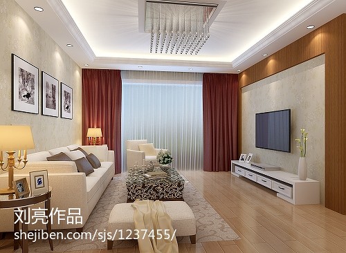 中电颐和家园现代客厅红色窗帘设计装修