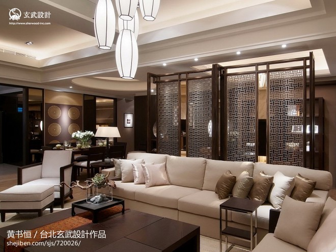 中式客厅沙发背景墙隔断装修效果图