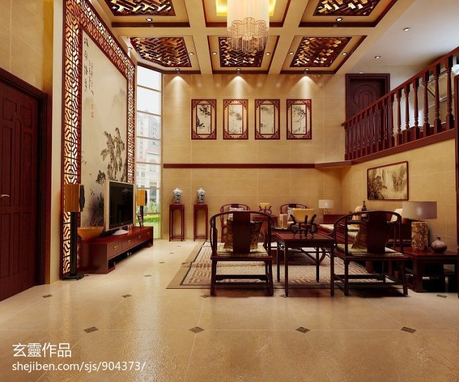中式别墅客厅背景墙装修效果图