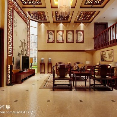 中式别墅客厅背景墙装修效果图
