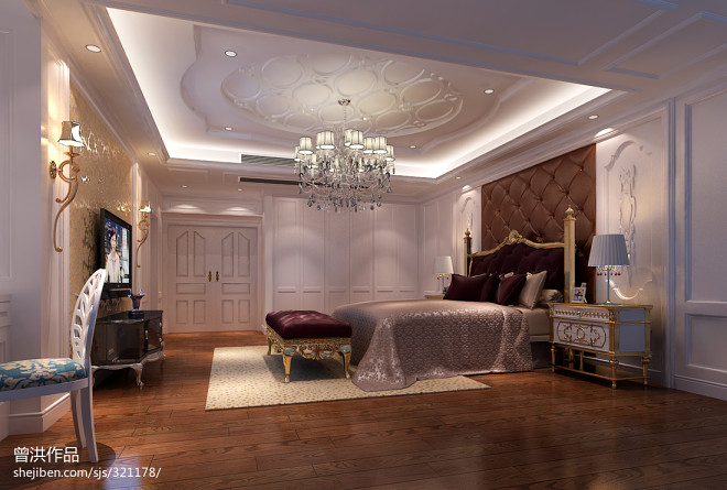 豪华欧式卧室床头背景墙装修设计效果图