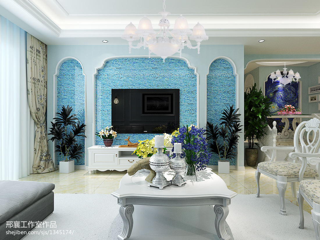 新中式客厅蓝色电视背景墙装修效果图 – 设计本装修效果图
