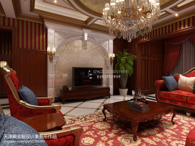 别墅设计古典风格客厅电视墙装修效果图
