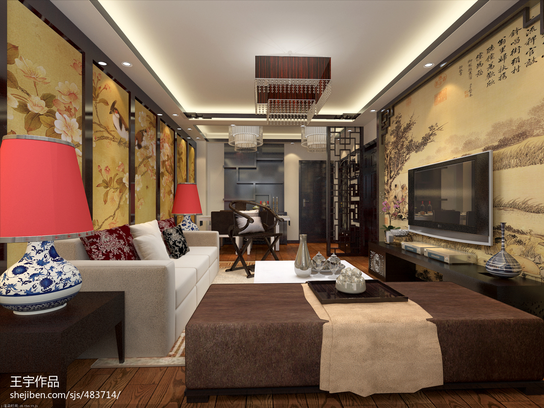 中式风格客厅沙发背景墙挂画效果图_土巴兔装修效果图
