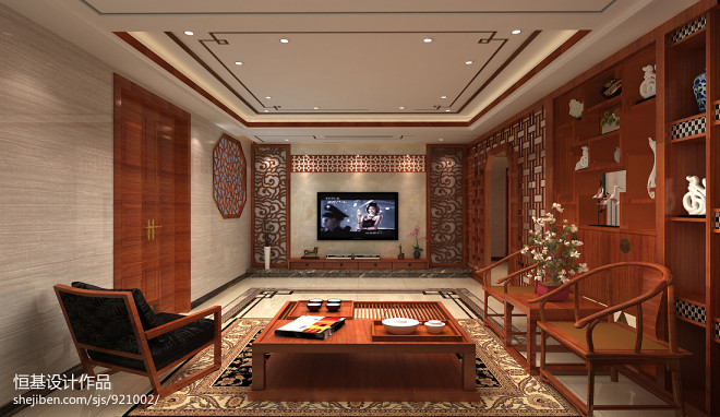 翡翠1号中式客厅电视墙装修效果图
