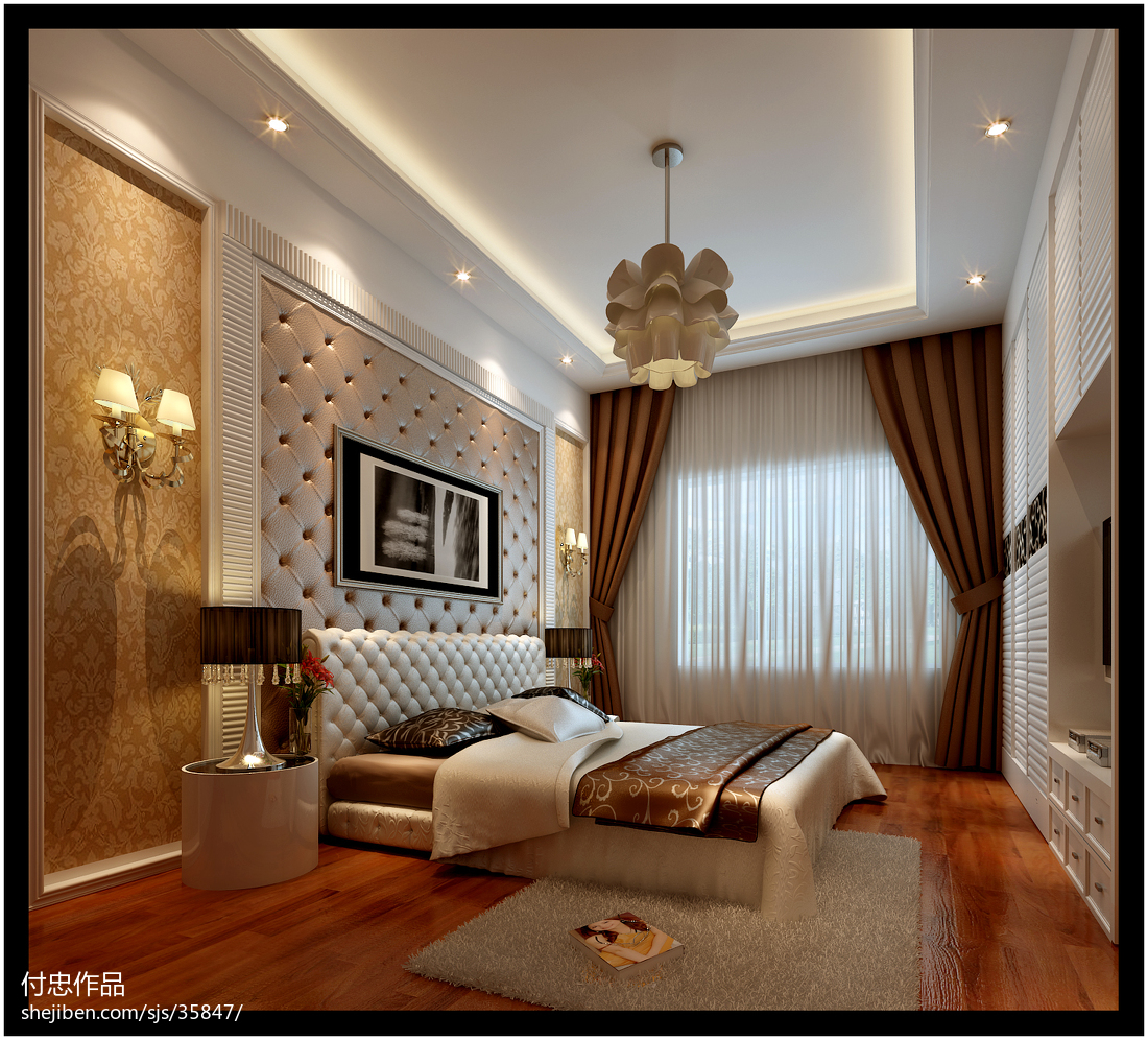 新中式风格古典卧室床头背景墙装修设计效果图 – 设计本装修效果图