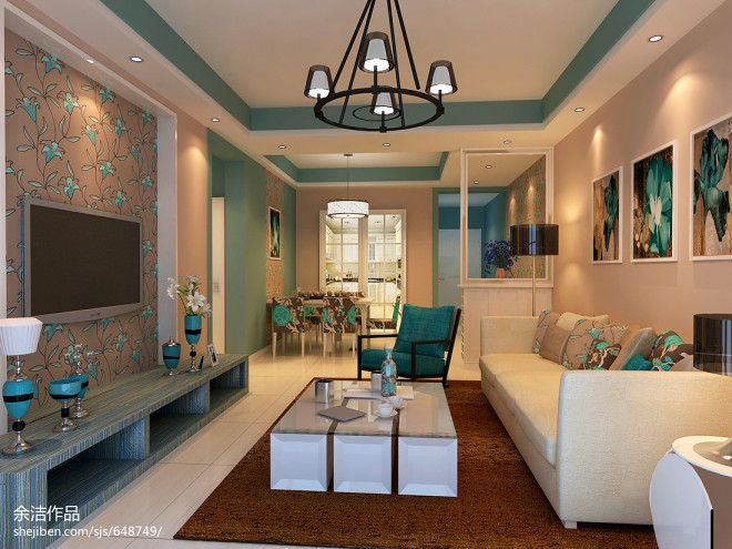 蓝调风格现代客厅吊灯装修效果图