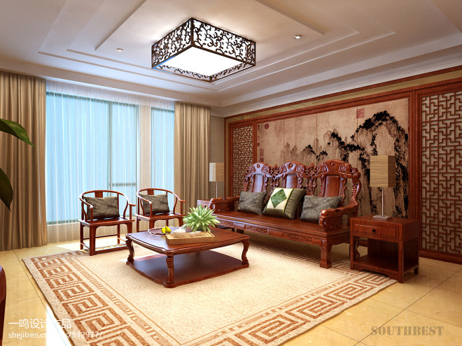 新中式客厅沙发背景装饰画装修效果图