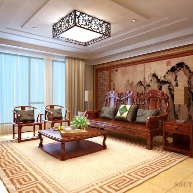 新中式客厅沙发背景装饰画装修效果图