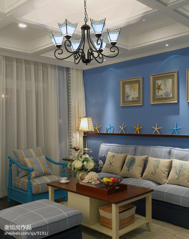 地中海风格客厅蓝色背景墙装修效果图