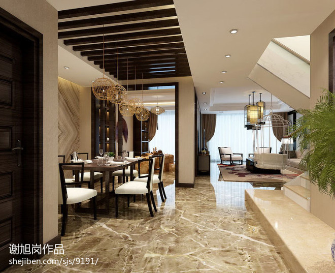 新中式餐厅龙骨吊顶装修设计效果图