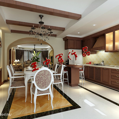 美式风格_餐厅厨房一体装修设计效果图