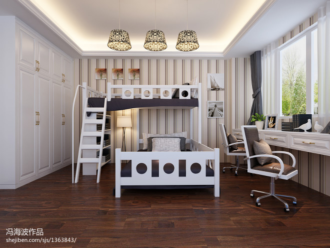白色现代欧式儿童房高低床装修设计效果