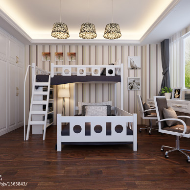 白色现代欧式儿童房高低床装修设计效果图
