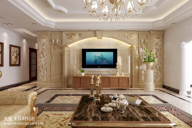 东方明珠欧式客厅电视组合柜装修效果图