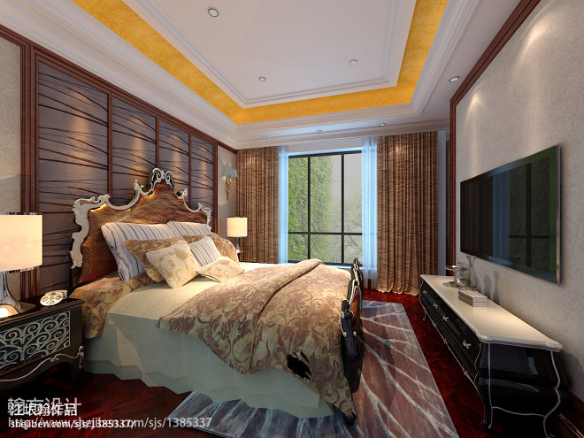 奢华新古典卧室床头背景墙纹饰效果图