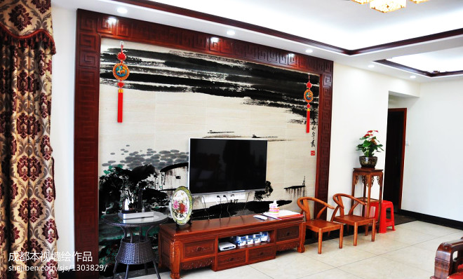 中式客厅电视背景墙墙体手绘画效果图