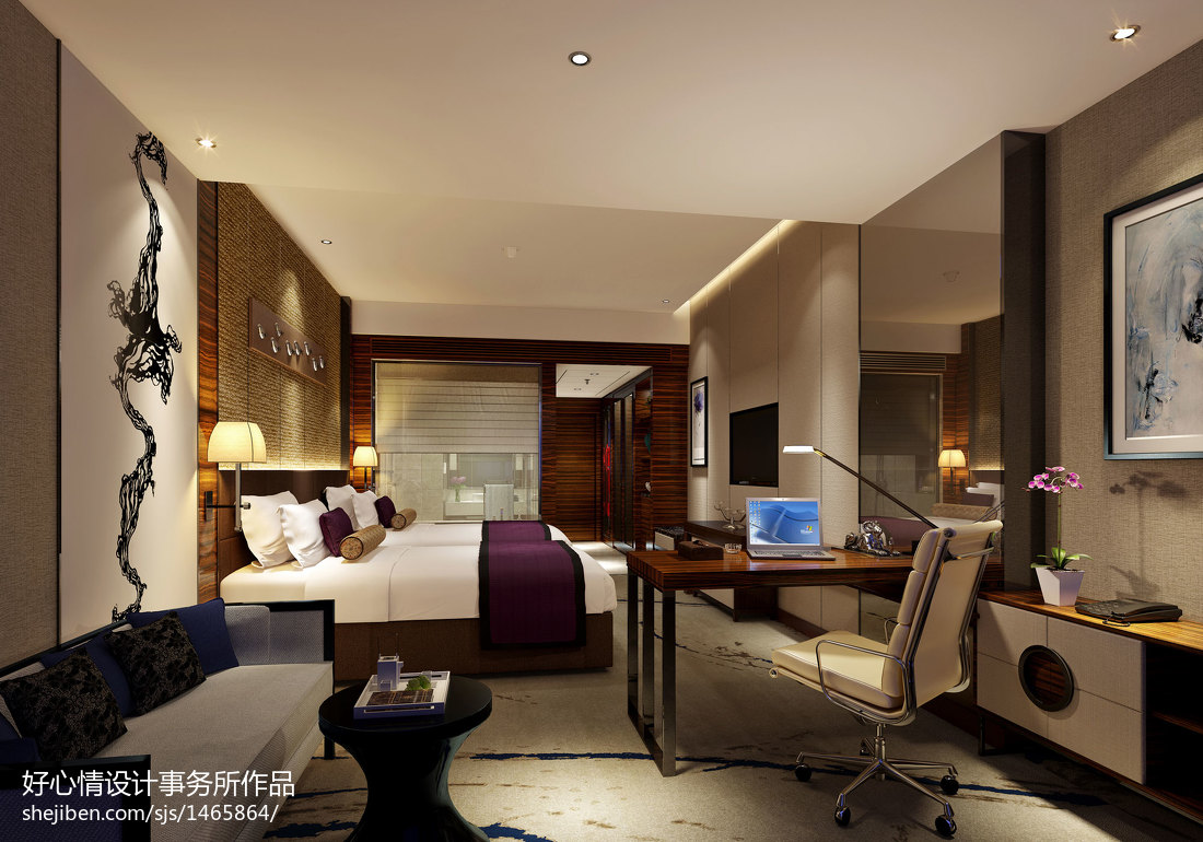 新中式酒店客房双人标间装修效果图_施工图纸_环境设计-图行天下素材网