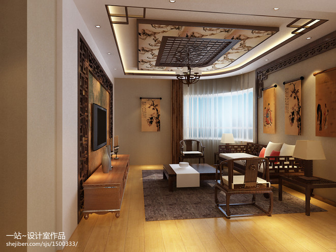 中式会所客厅字画装饰背景墙装修效果图