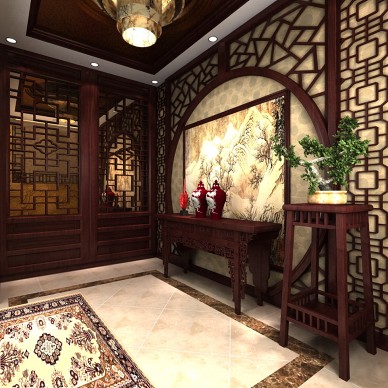 中式别墅室内装修玄 国画背景墙装修设计案例