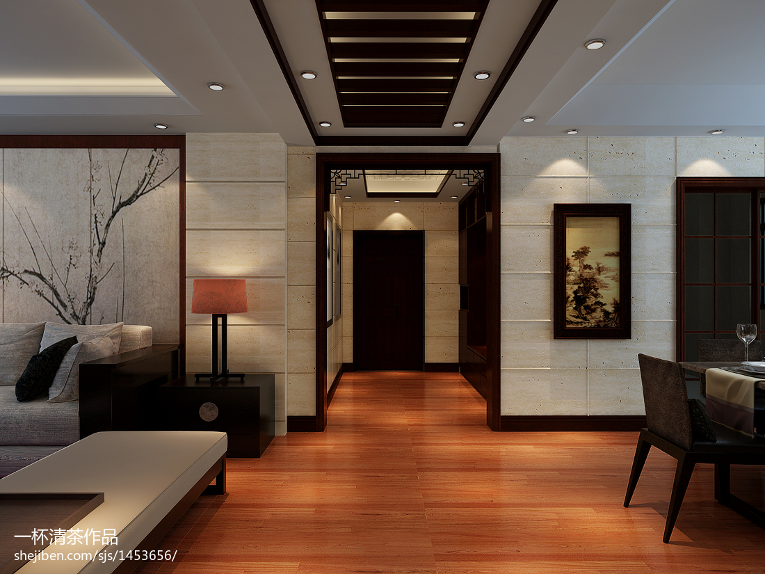 美式客厅生态木吊顶设计 – 设计本装修效果图