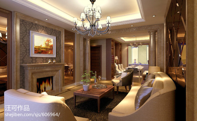 欧式样板房家装室内客厅罗马柱设计