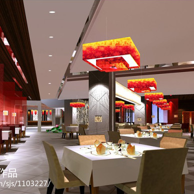 中式工装酒店餐厅手绘吊顶灯室内设计