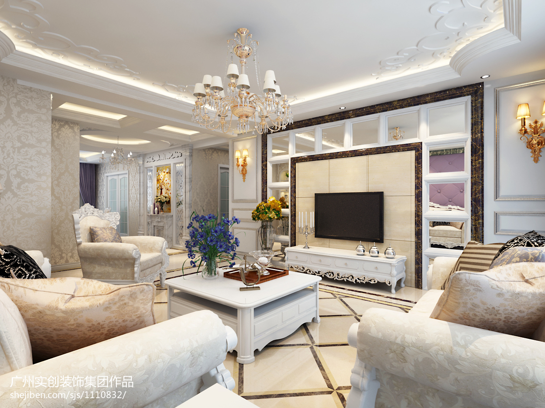 别墅客厅欧式风格银色沙发背景墙装修效果图片_别墅设计图